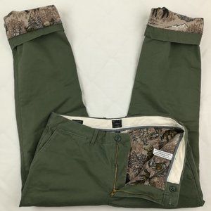 J Crew Mens 34x29 770 Straight Fit Deer Print Flannel Lined Green Chino Pants